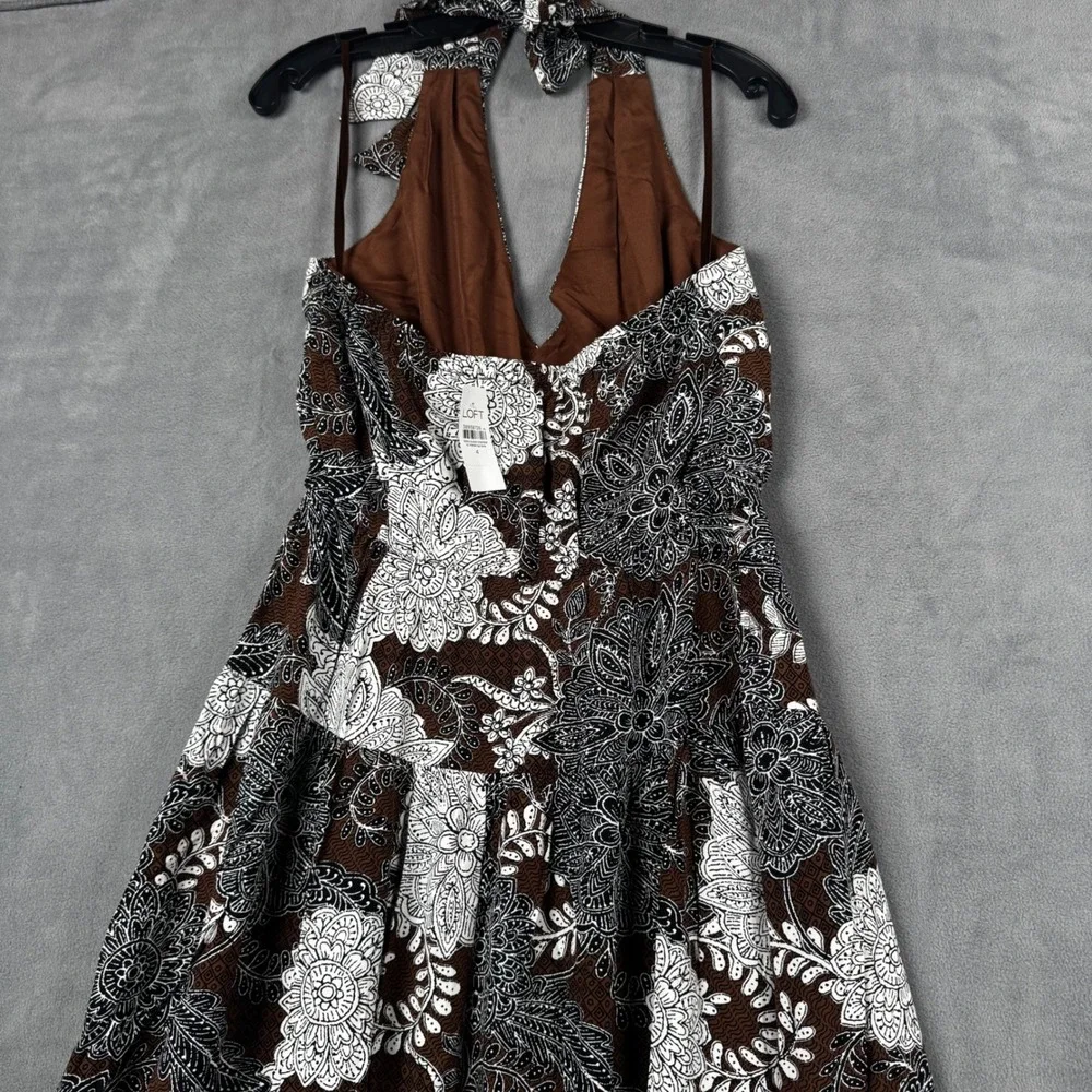 New Loft Brown White Floral Paisley Halter Maxi Dress Size 4 Boho‎ Summer V-Neck